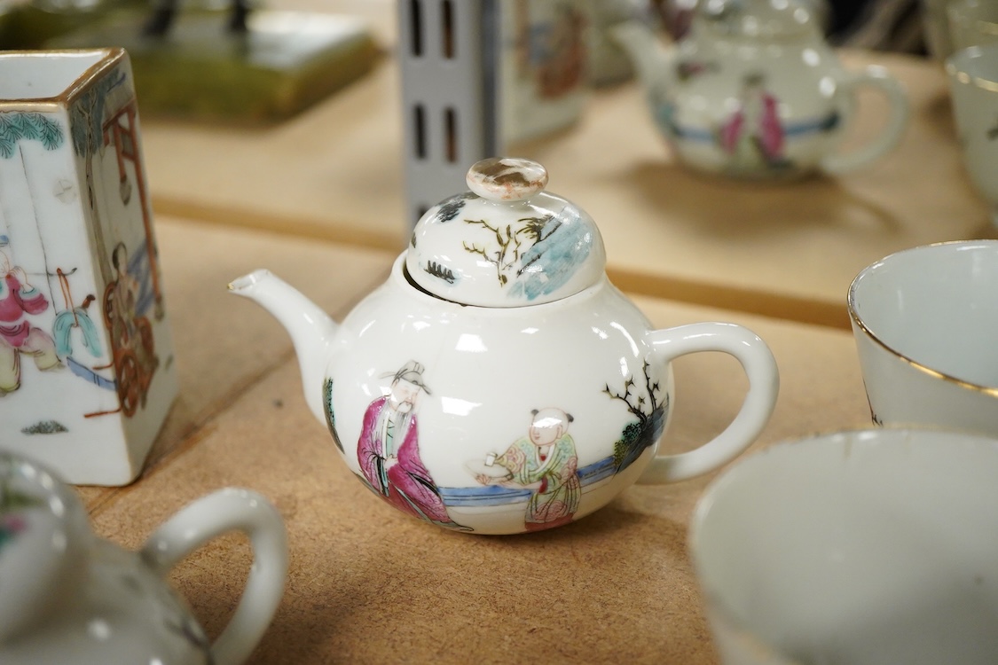 A collection of late 19th century Chinese famille wares to include a water pot, two teapots, and a square brushpot, together three Republic period tea bowls, largest 9cm high